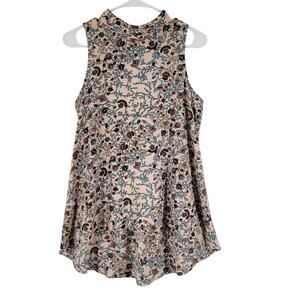 Bobeau Romantic Floral Blouse Top Womens Small Beige Blue Back Collar